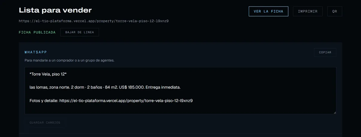 Pantalla del producto con una propiedad ya publicada y el mensaje de WhatsApp generado